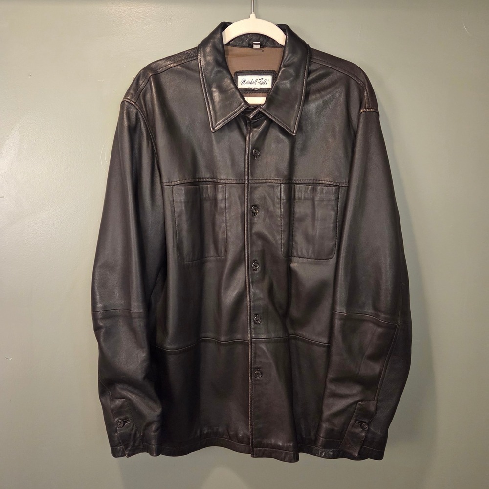 90s Vintage Marshall Fields Men's Leather Button Up Shirt Jacket, Size L, Brown
